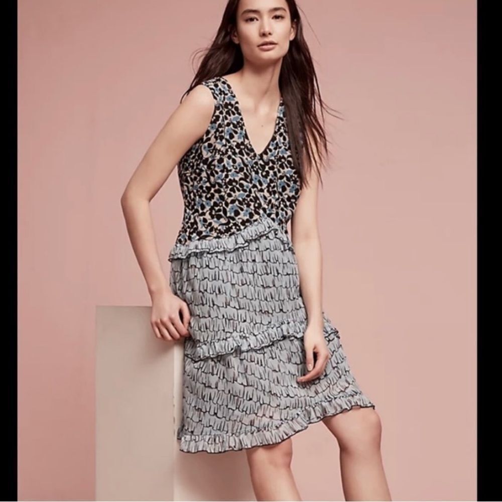 Anthropologie Blueflower Silk Swing Dress by Anna Sui Blue Motif-jj11